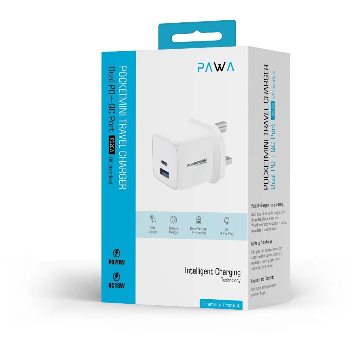 PAWA POCKETMINI TRAVEL CHARGER DUAL PD+QC PORT 20W-WHITE - Image 1