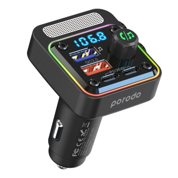 Porodo Quick-Charge FM Car Charger Dual USB-C & USB-A PD36W Black