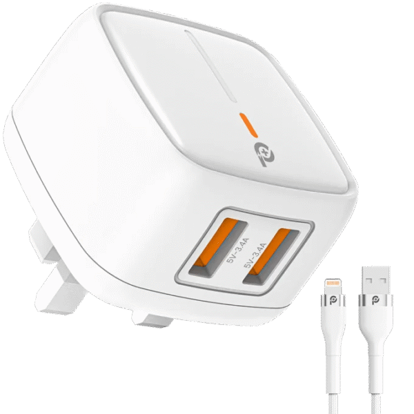 Powero+ British Dual USB Adapter 3. 1A With Braided USB-A to Lightning 1M cable -White