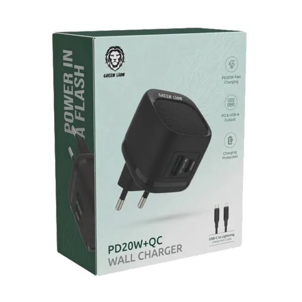 Green Lion PD 20W + QC Wall Charger With Type-C To Lightning Cable - Black