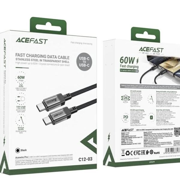 ACEFAST C12-03 1.2m USB-C to USB-C 60W Fast Charging Cable Clear Connector Braided Data Cable