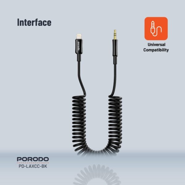 Porodo 3.5MM Lightning AUX Coiled Audio Cable Convenient Tangle-Free Design 1.2m/4