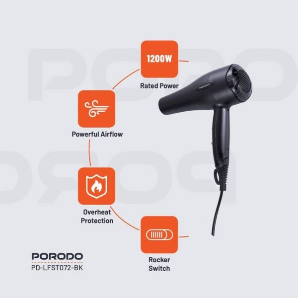 Porodo Lifestyle 1200W Hair Dryer 1.8M Cable -Black |