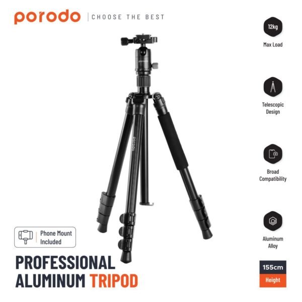 Porodo Ultra Light Aluminum Tripod -Black