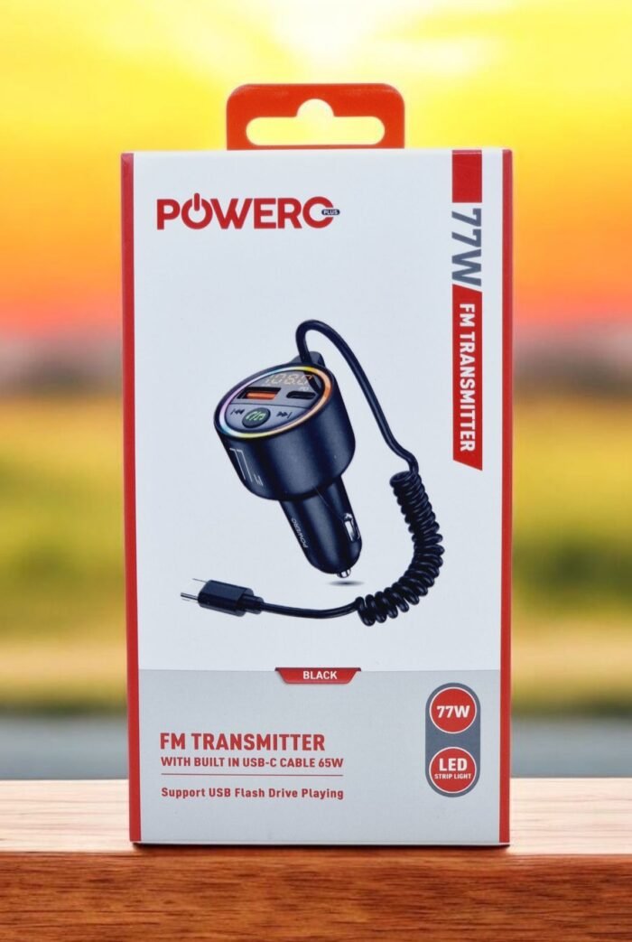 ⁦Powero+ FM Transmitter 77W With Built in USB-C Cable - Black⁩ - الصورة ⁦1⁩