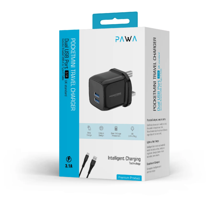 ⁦PAWA POCKETMINI DUAL USB PORT ADAPTER 3.1A WITH TYPE-C CABLE-BLACK⁩ - الصورة ⁦1⁩