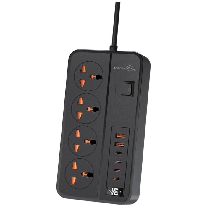 ⁦Porodo Blue 4 AC Power Socket With X4 USB-C X2 USB-A Port UK (3m wire) - Black⁩ - الصورة ⁦1⁩